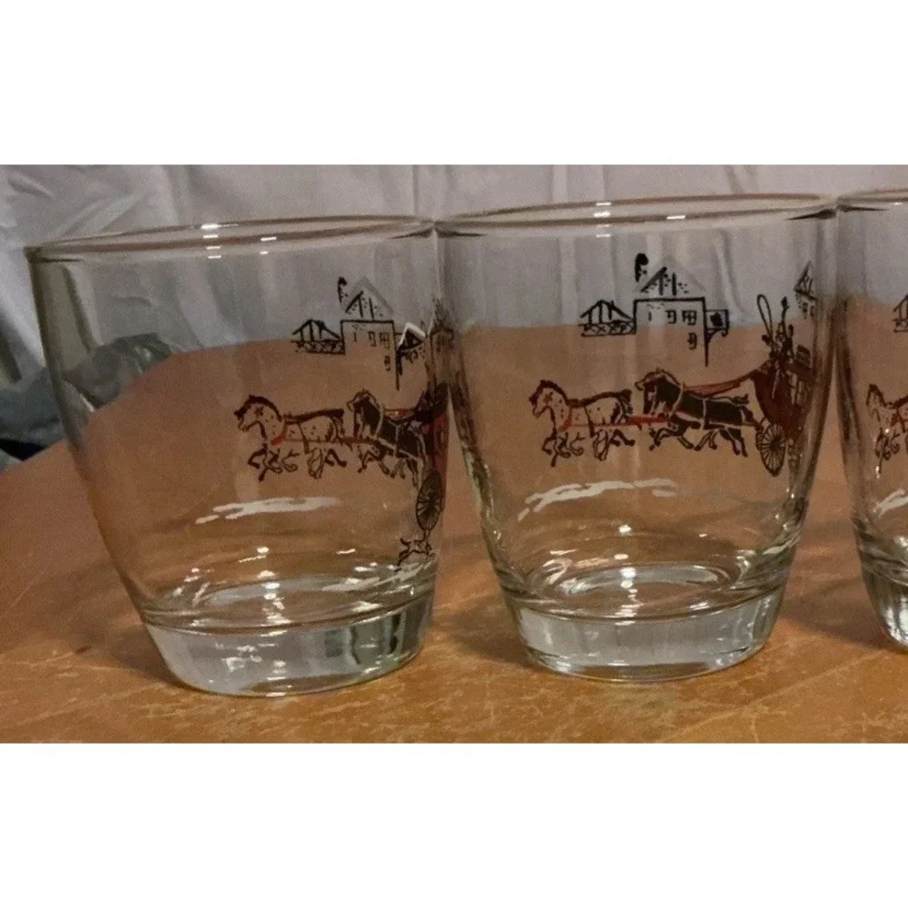 Vintage‎ 1950s Libbey Stagecoach & Horses Low Ball Glasses, Set Of 4, Gold Rim
